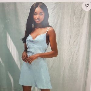 Close To Your Heart Dusty Blue Satin Jacquard Cowl Slip Dress